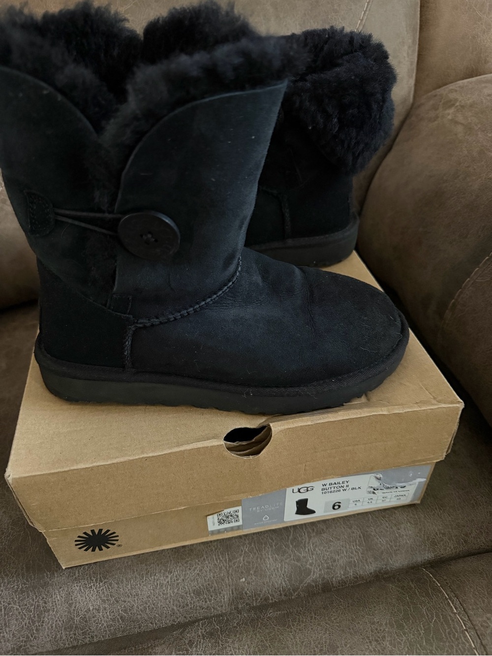 UGG Black Suede Button Short Shearling Boots - Women - Picture 2 of 3
